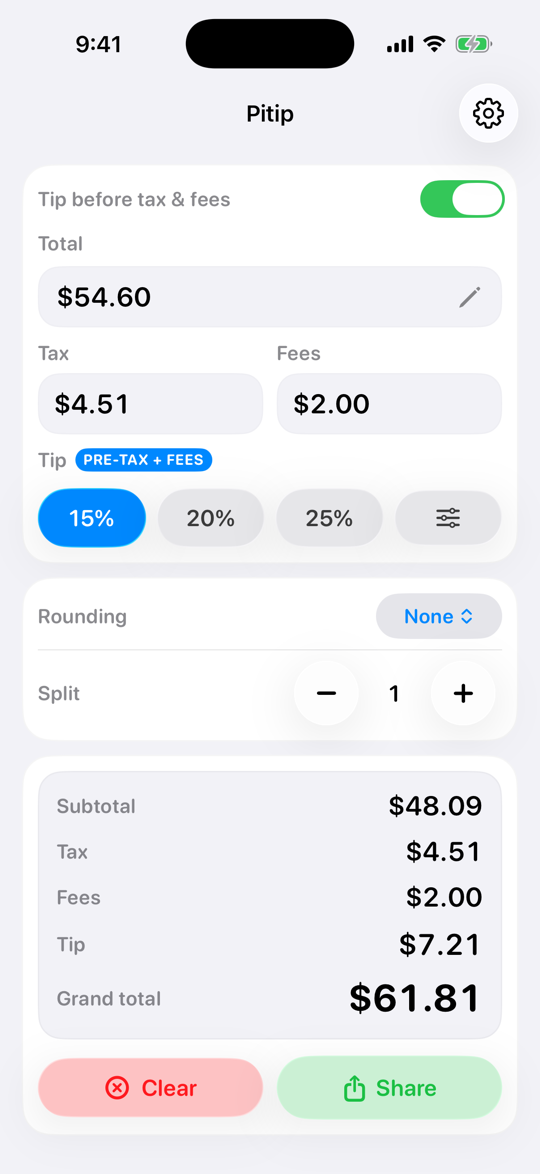 Pitip on iPhone in light mode showing a $54.60 bill with $4.51 tax and a $2.00 service fee