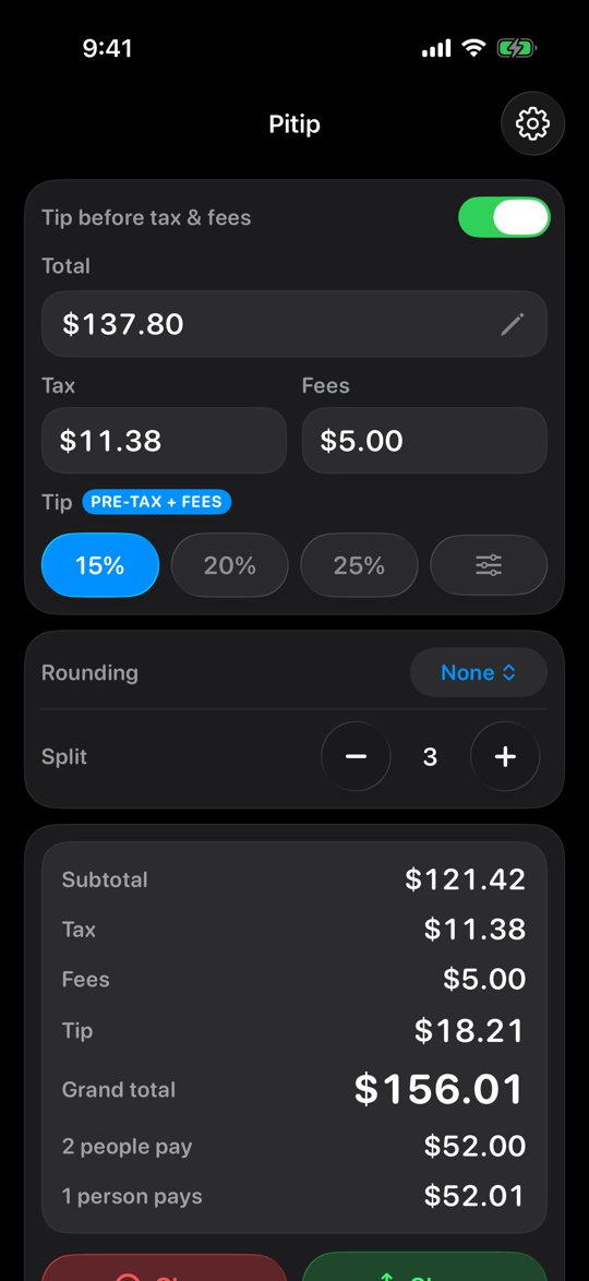 Pitip on iPhone splitting a bill three ways