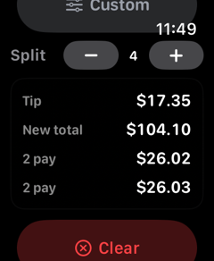 Pitip on Apple Watch splitting a bill four ways
